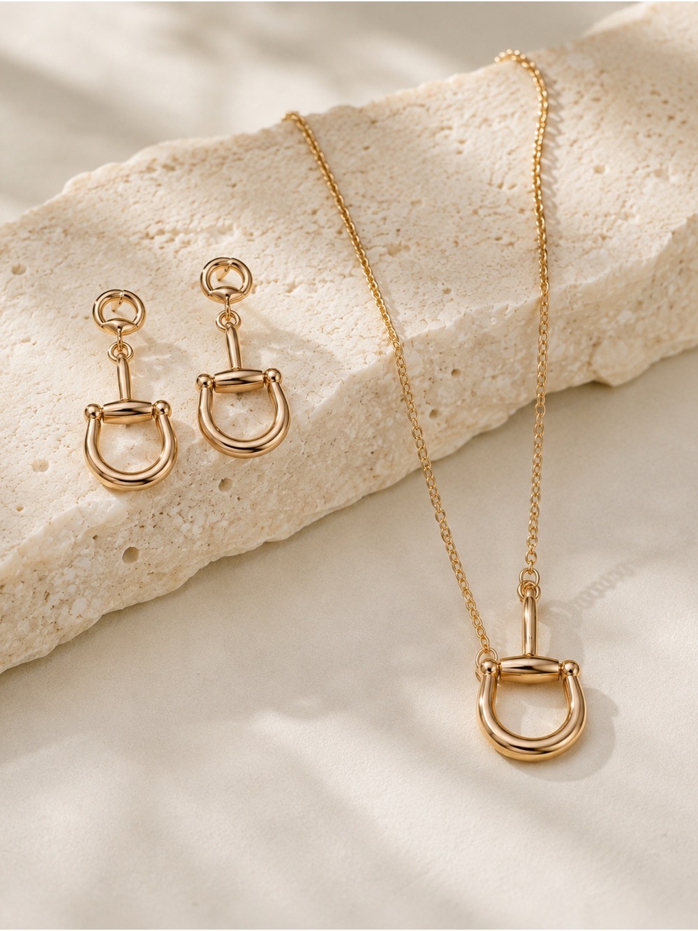 Gold Tone Horseshoe Bit Necklace & Drop Earrings Jewelry Set